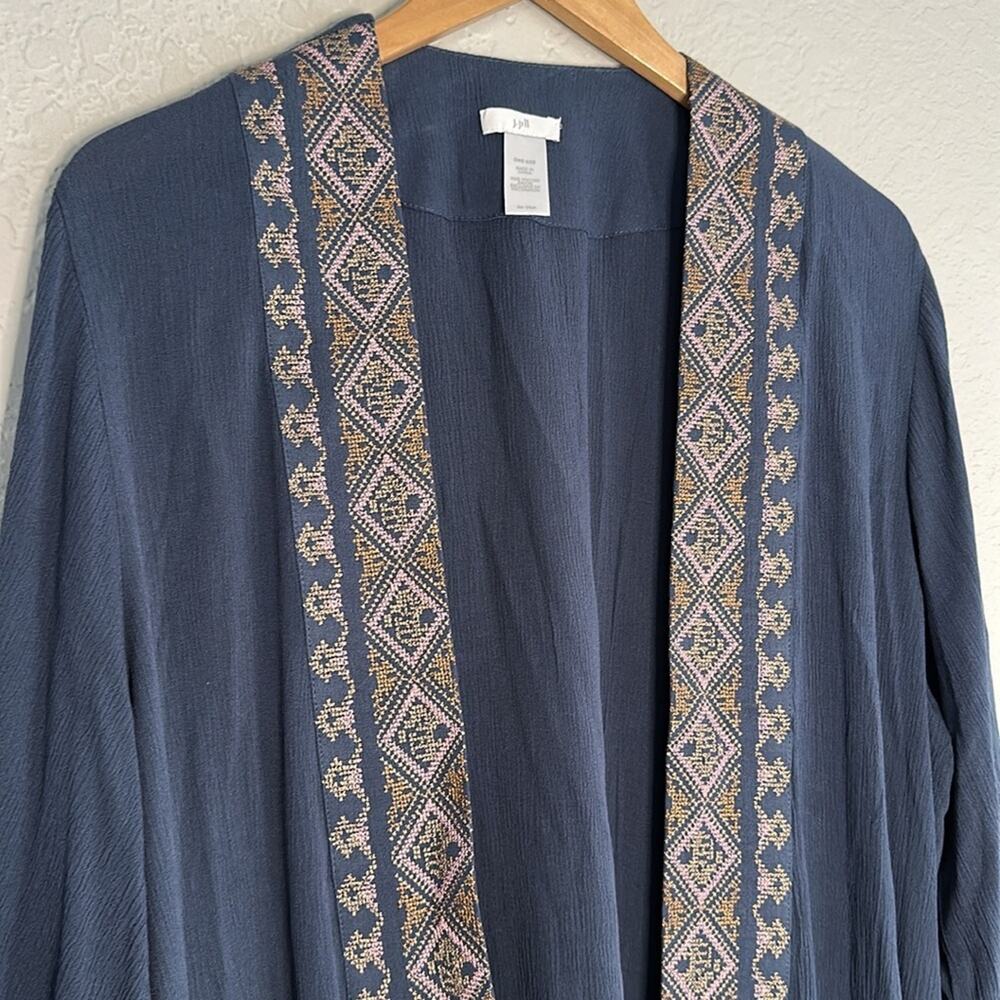 J Jill Embroidered Blue Kimono Open Boho Coverup Aztec Lagenlook Resortwear - Picture 3 of 7